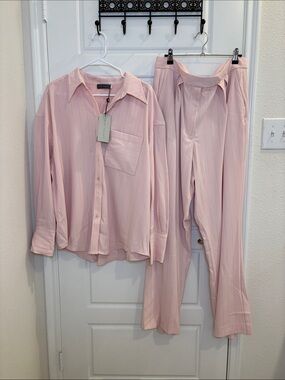 NWT Mint Velvet Pink Pinstripe 2 Piece Shirt Pants Set XL